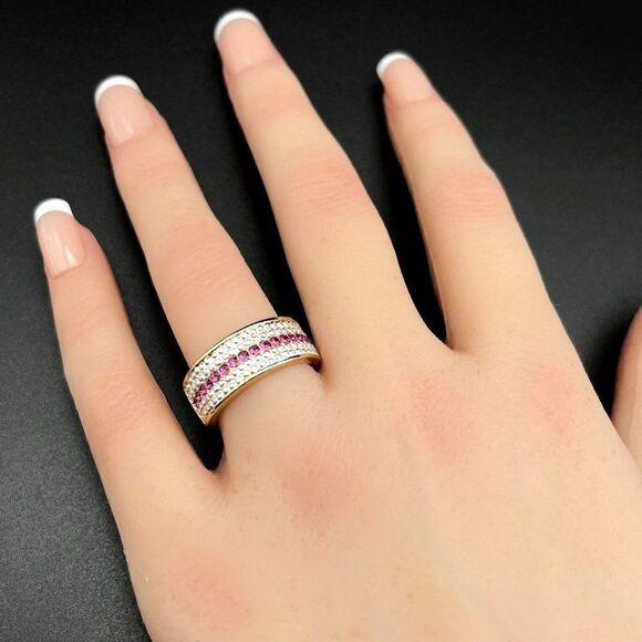 Yellow Gold with Pink Sapphire Crystal Milgrain Band Ring Size 11 - Picture 9 of 9